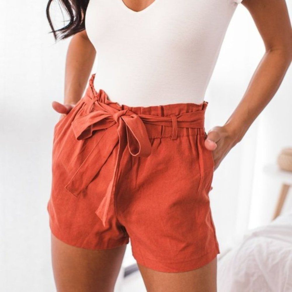 TWIK Rust High Rise Paper Bag Shorts